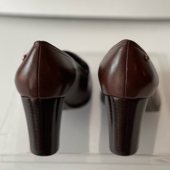 Etienne Aigner Brown Leather Platform Pumps Heels Chunky Block Heels E-Tartan, 8 - Picture 5 of 11